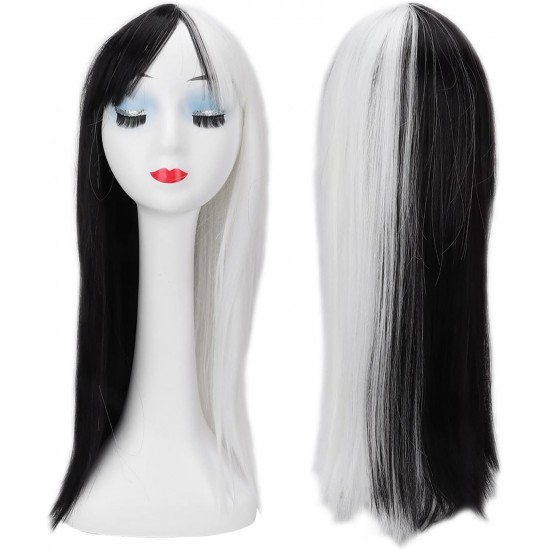 Long Straight Wig, Half White Half Black