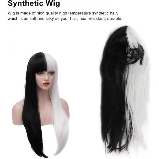 Long Straight Wig, Half White Half Black