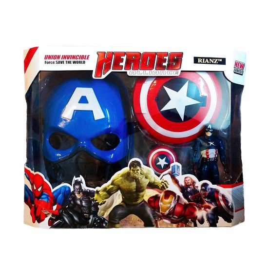  Avengers 3 in 1 Gift-Set 1 Disk Throwing Shield + 1 Mask + 1 Action Figure (Captain America)