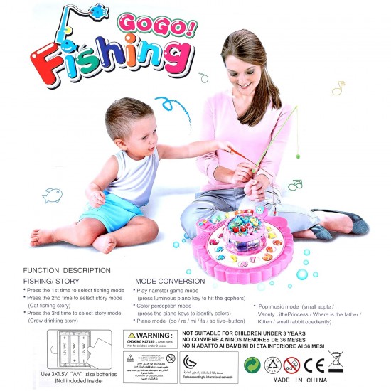 Plastic Fish-Catching Game with Piano, 26 Pieces Fishes, 2 Rotary Ponds and 4 Pods with Music and Light Function