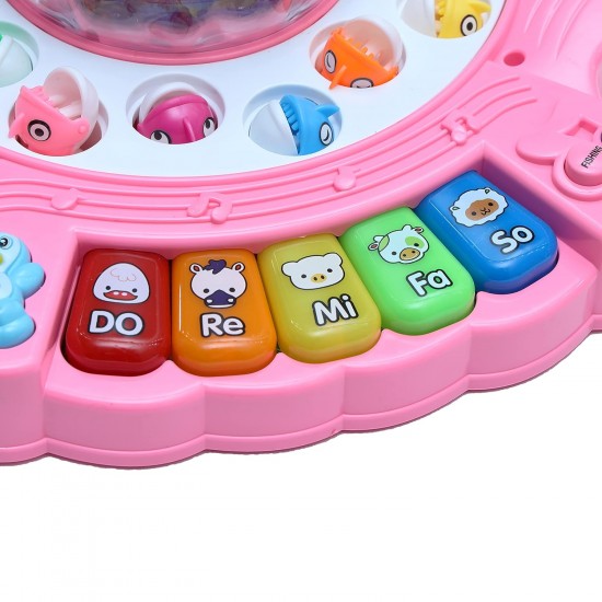 Plastic Fish-Catching Game with Piano, 26 Pieces Fishes, 2 Rotary Ponds and 4 Pods with Music and Light Function