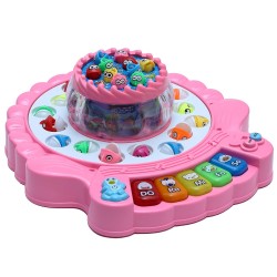Plastic Fish-Catching Game with Piano, 26 Pieces Fishes, 2 Rotary Ponds and 4 Pods with Music and Light Function