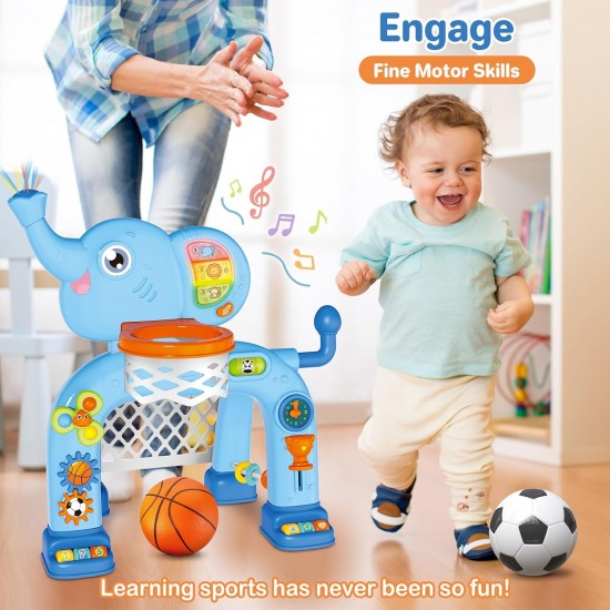 Basketball Hoop & Soccer Goal Activity Center Toys with Light & Music, Elephant
