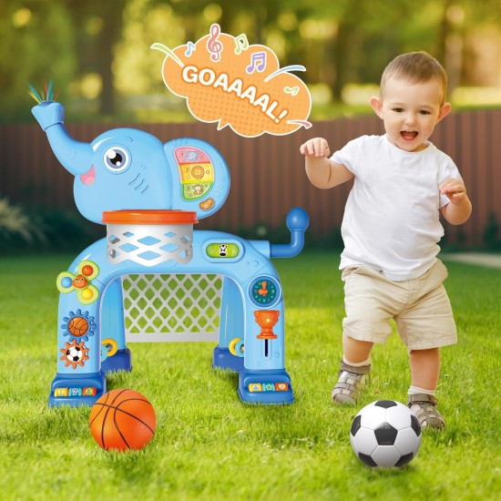 Basketball Hoop & Soccer Goal Activity Center Toys with Light & Music, Elephant