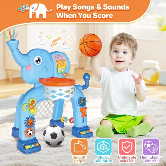Basketball Hoop & Soccer Goal Activity Center Toys with Light & Music, Elephant