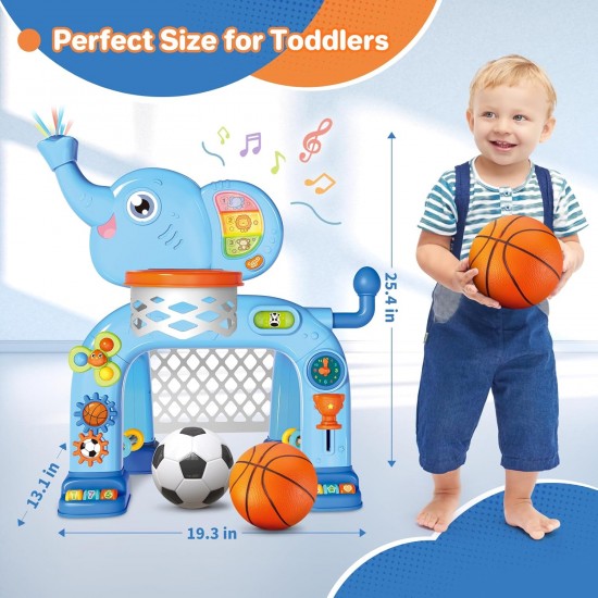 Basketball Hoop & Soccer Goal Activity Center Toys with Light & Music, Elephant