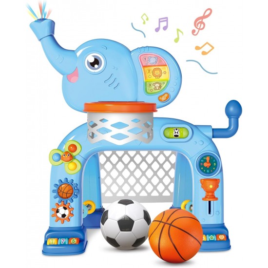 Basketball Hoop & Soccer Goal Activity Center Toys with Light & Music, Elephant
