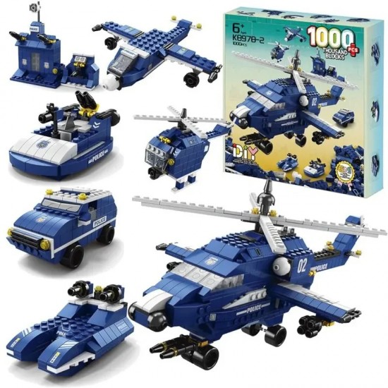 1000-Piece Bloxi 6-in-1 Building Block Set Police Helicopter, Vehicles & Base