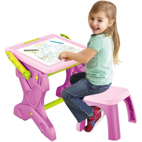 2 in 1 Pink Desk with LED Light and Stool