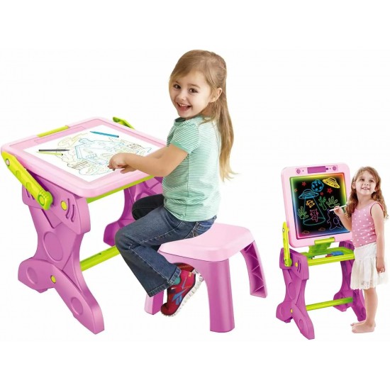 2 in 1 Pink Desk with LED Light and Stool