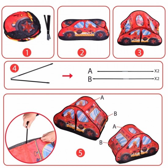 Red Color Fire Truck Car Style Kids Play Tent